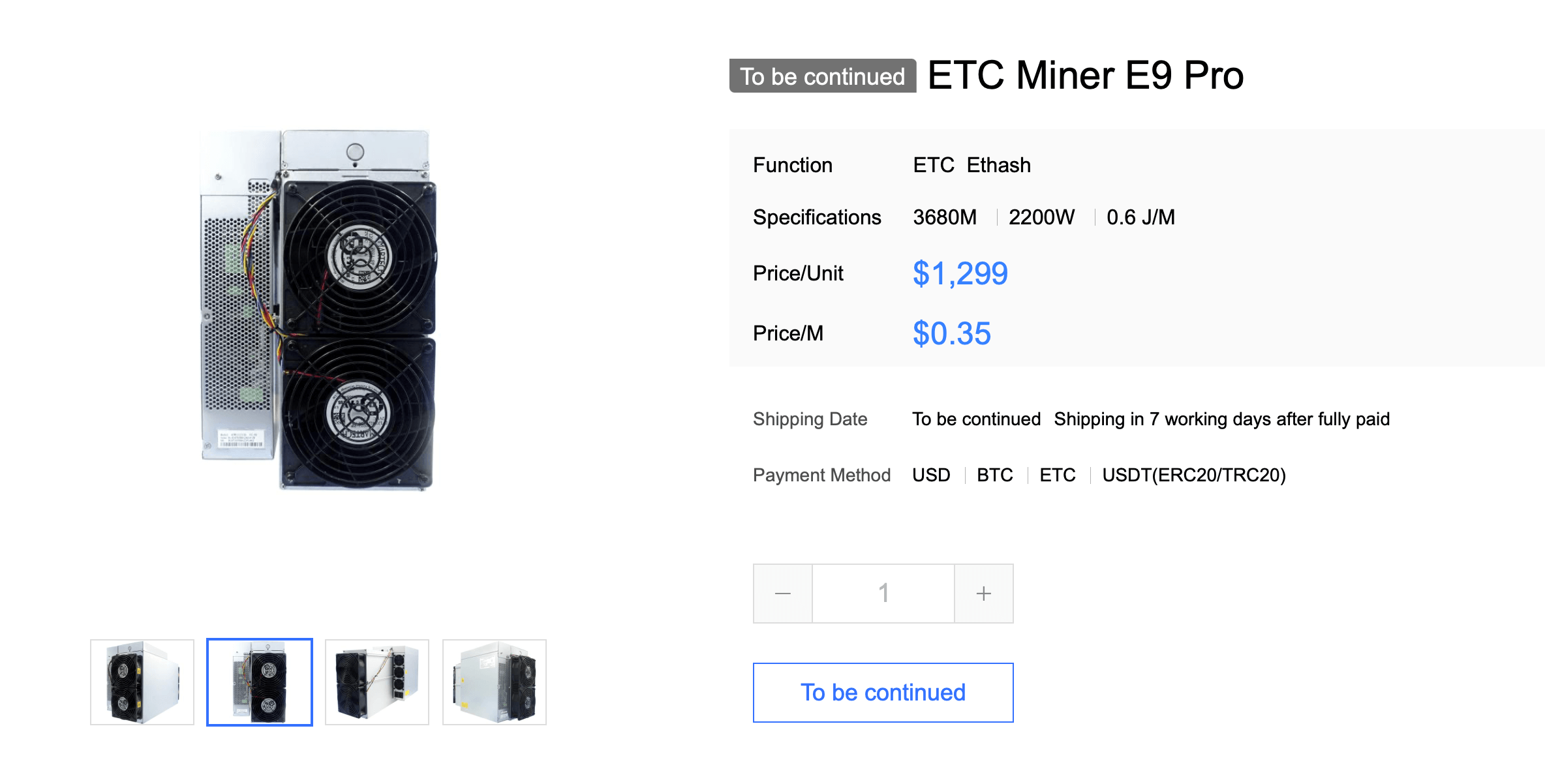 Характеристики Antminer E9 Pro. Страница продажи Antminer E9 Pro от Bitmain. Фото.