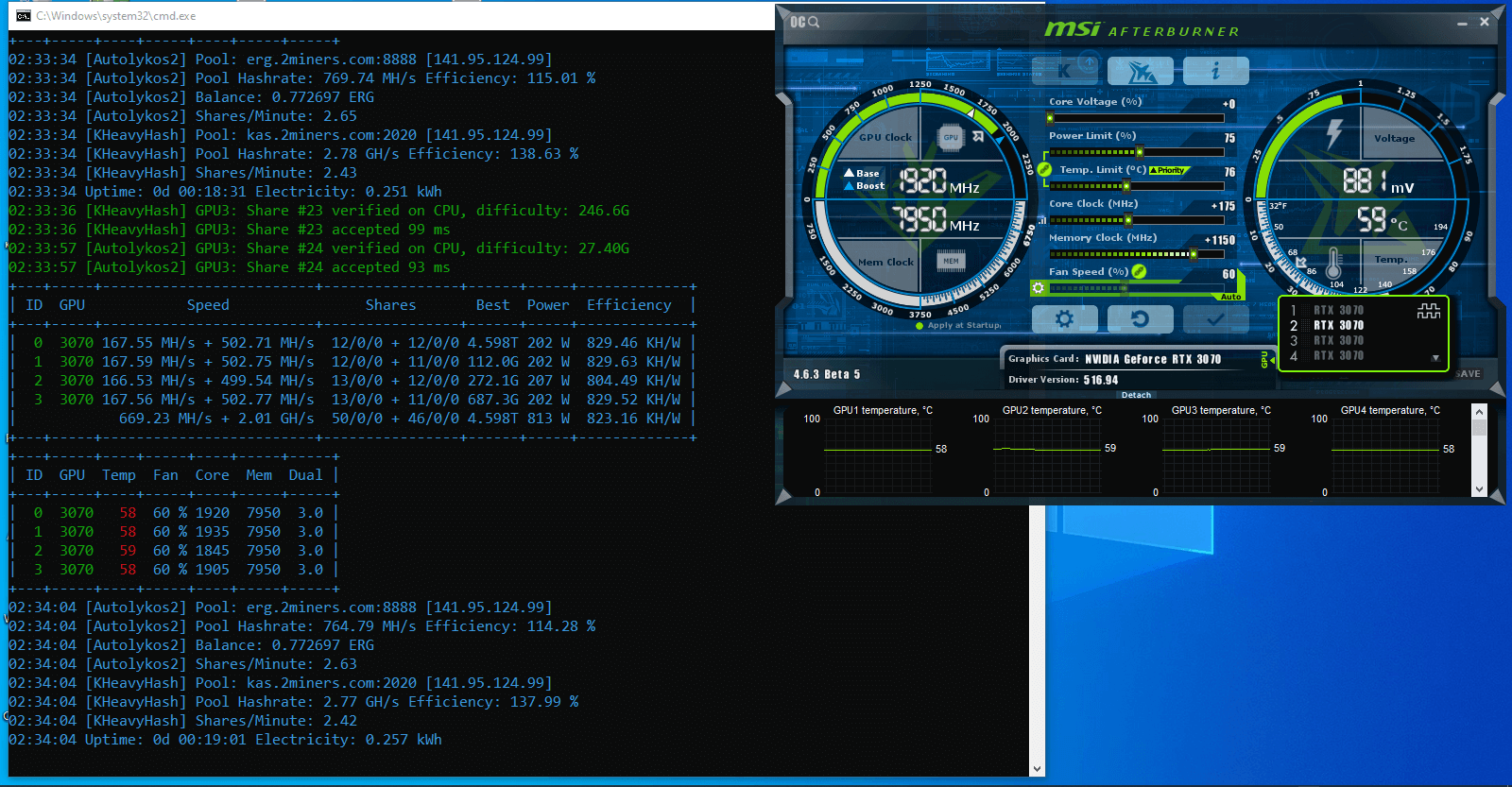 Дуал-майнинг Kaspa на Nvidia 3070. Дуал-майнинг ERGO + Kaspa. Фото.