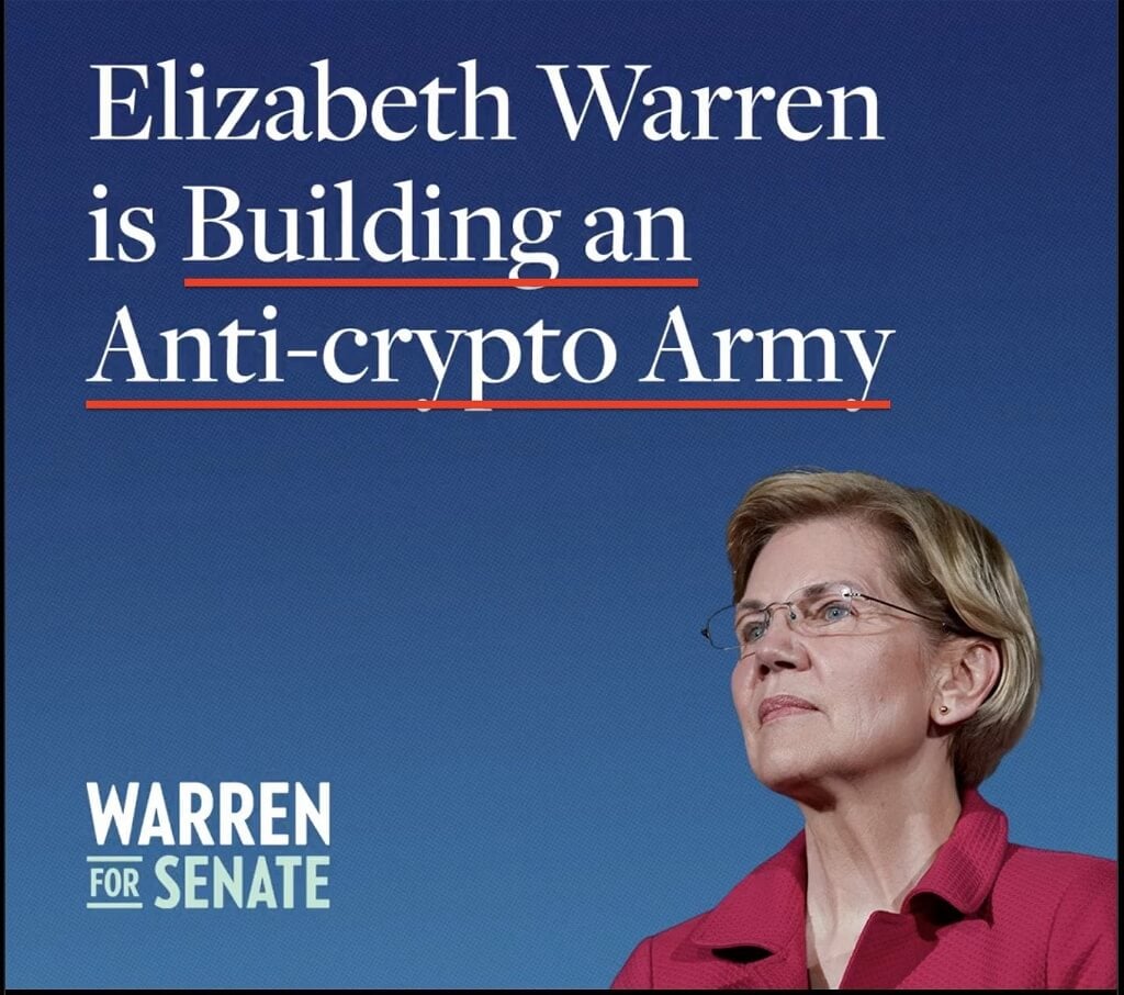 Почему запрещают криптовалюты. Избирательная кампания Элизабет Уоррен с призывом бороться против криптовалют. Фото.