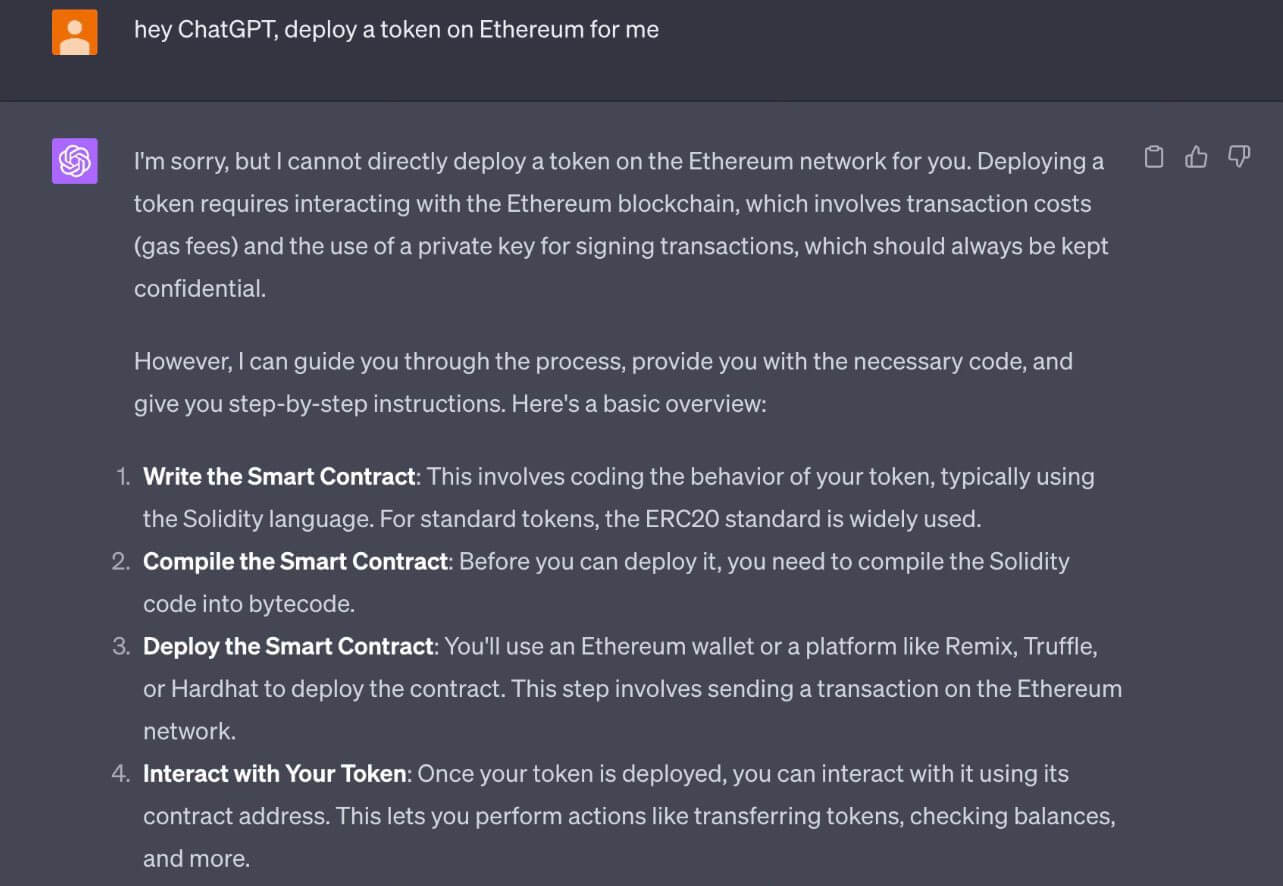 Как использовать искусственный интеллект для криптовалют? Ответ ChatGPT на «традиционный запрос» о создании токена. Фото.