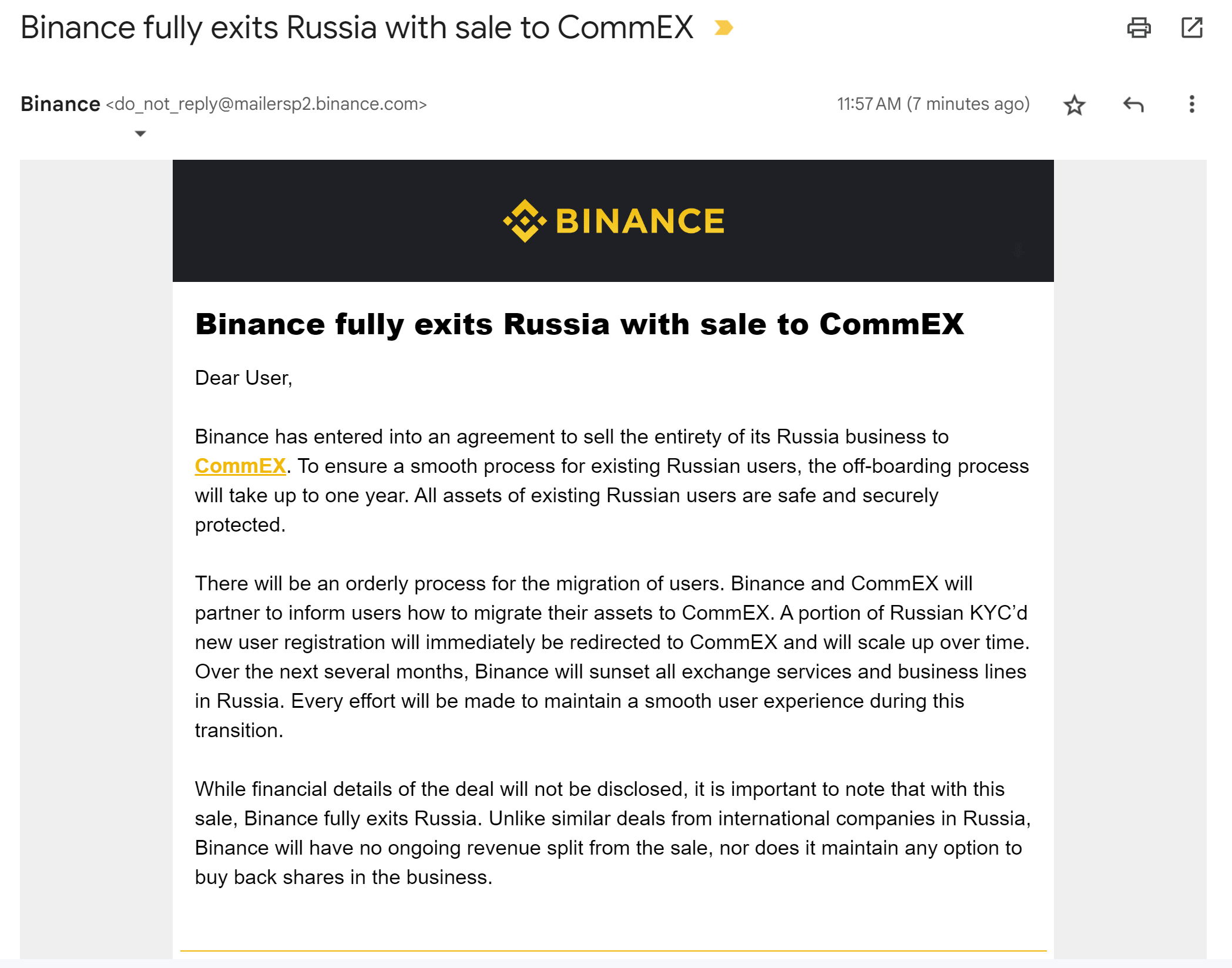 Почему Binance ушла из РФ. Электронное письмо-предупреждение о выходе Binance с рынка РФ. Фото.