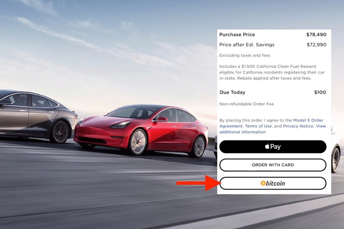 Как теряют криптовалюты. Опция для оплаты в BTC на сайте Tesla, доступная весной 2021 года. Фото.