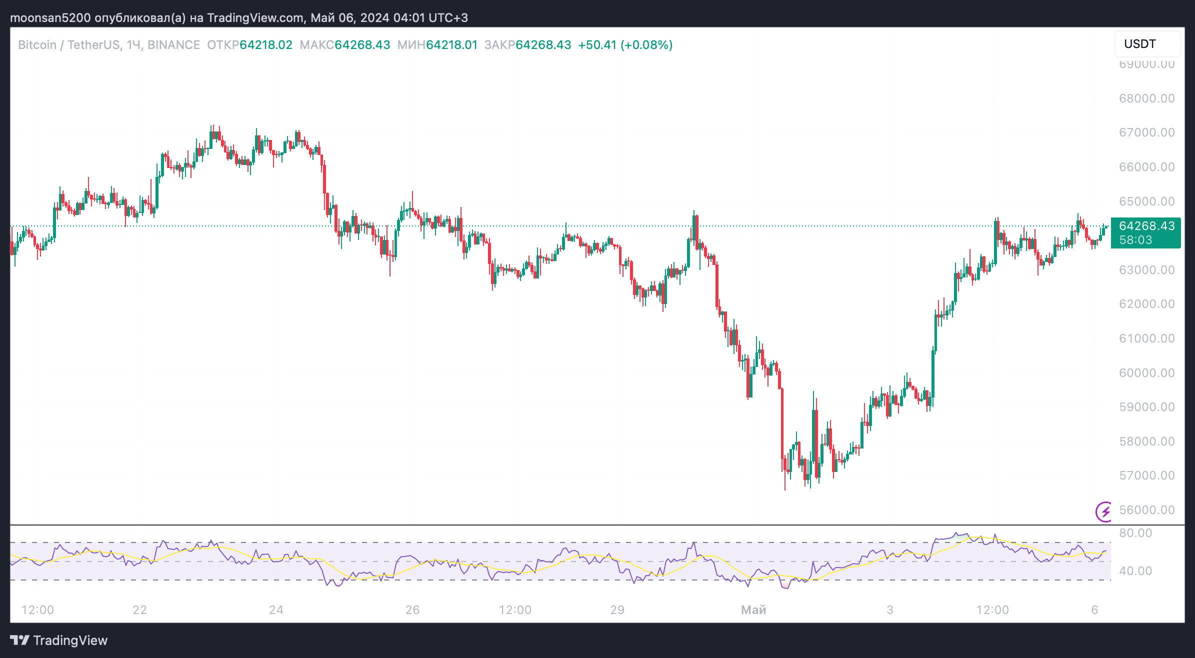 Что происходит с ETF на Биткоин. Курс BTC в масштабе 1-часового графика. Фото.