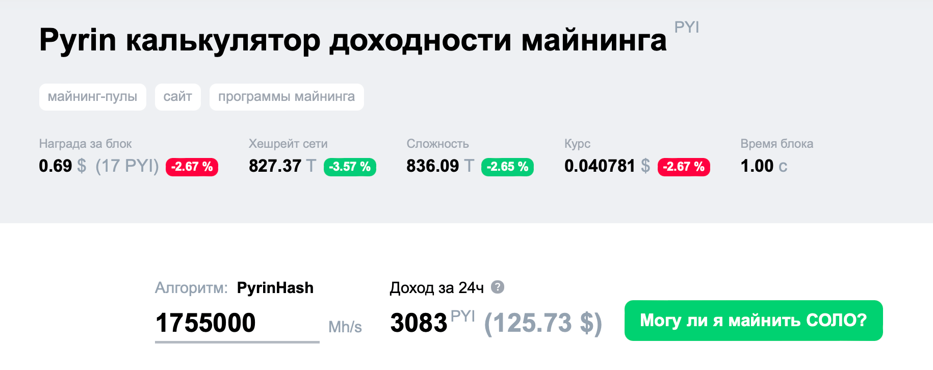 Доходность майнинга криптовалюты Pyrin. Информация о происходящем в сети Pyrin. Фото.