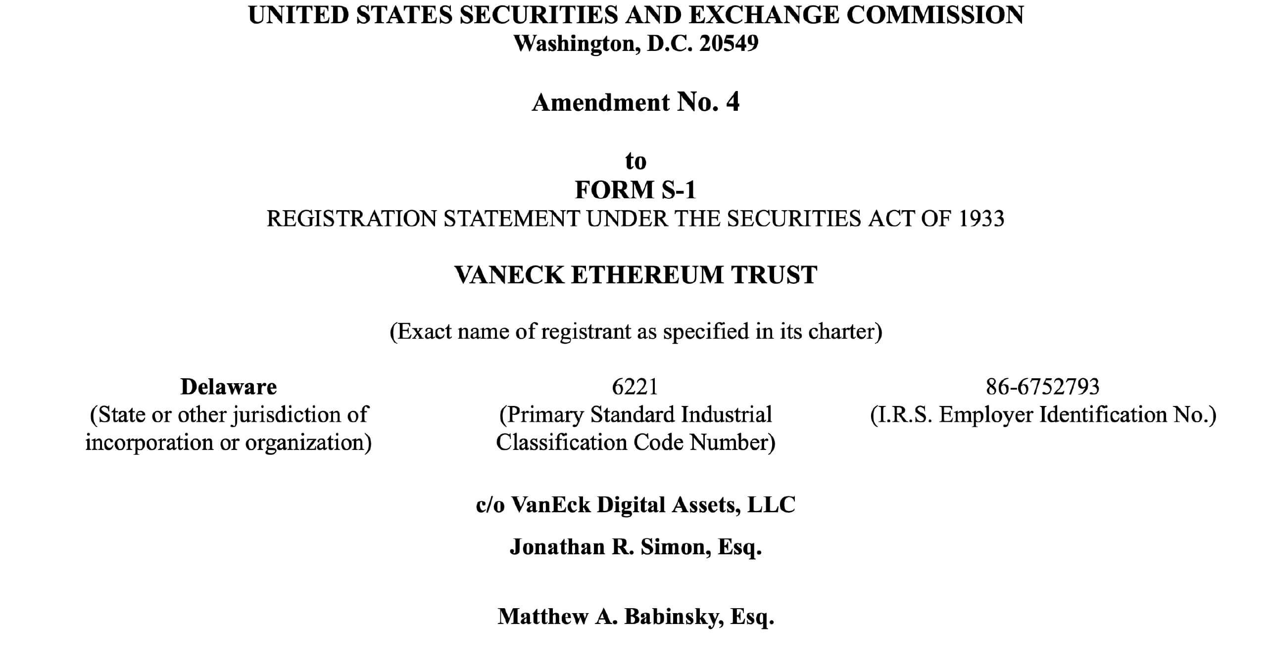 Инвесторы допускают масштабный обвал Эфириума после листинга ETF на криптовалюту в США. Почему? Дополнение к форме S-1 к заявке на запуск Эфириум-ETF от VanEck. Фото.