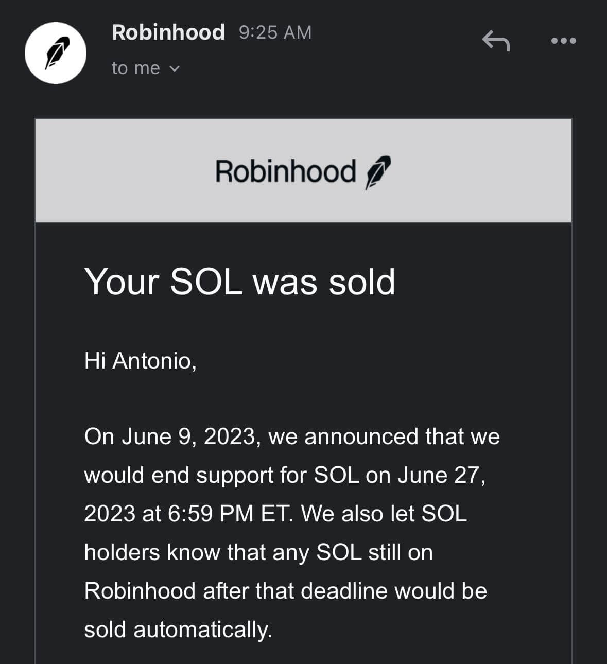 Какие криптовалюты одобряет SEC. Уведомление о принудительной продаже Solana SOL пользователей платформы Robinhood. Фото.