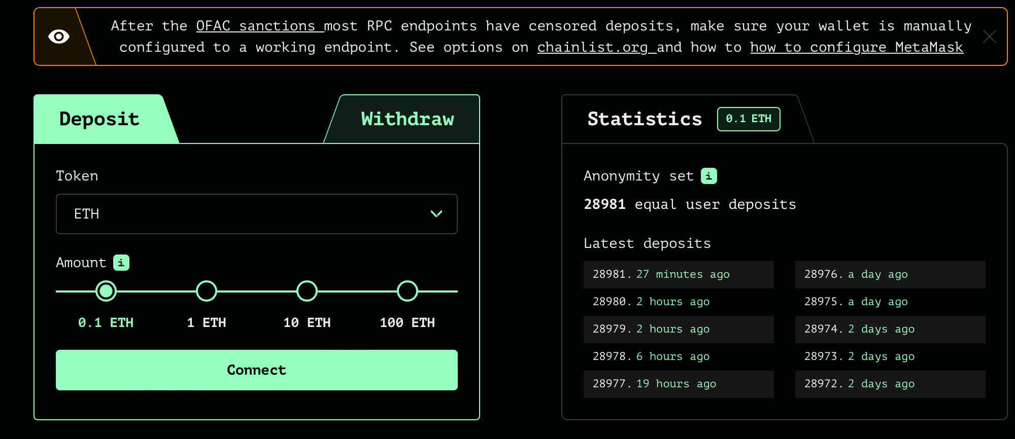 Как используют криптовалюты? Интерфейс платформы Tornado Cash. Фото.