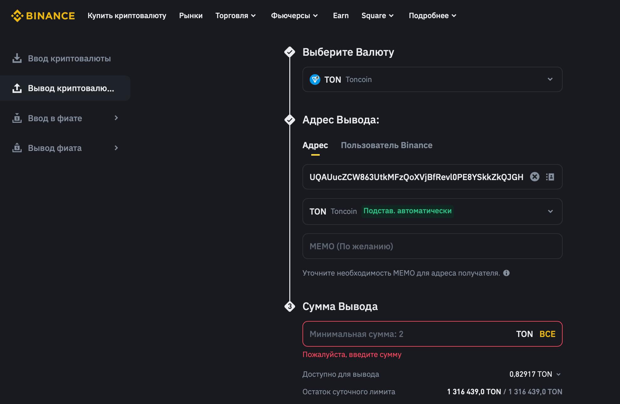 Как вывести деньги с Хомяка: выводим TON с биржи. Вывод криптовалюты TON с криптобиржи Binance. Фото.