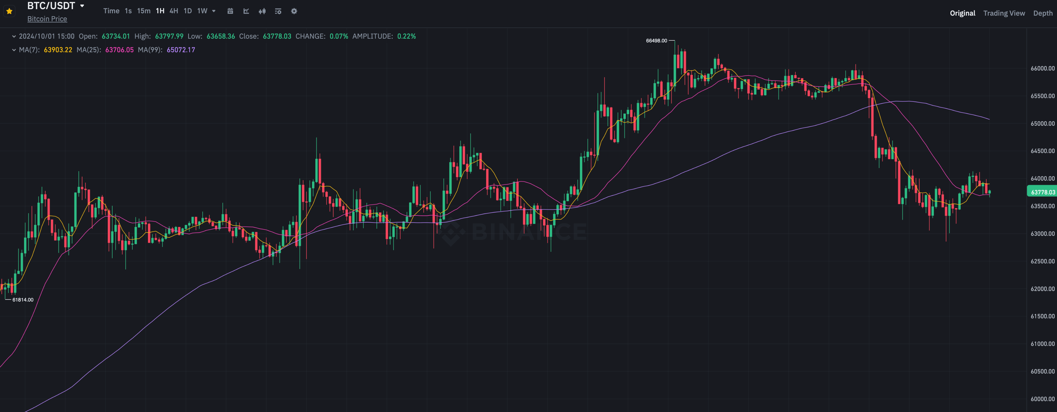 До скольких вырастет Биткоин. Часовой график курса Биткоина на бирже Binance. Фото.