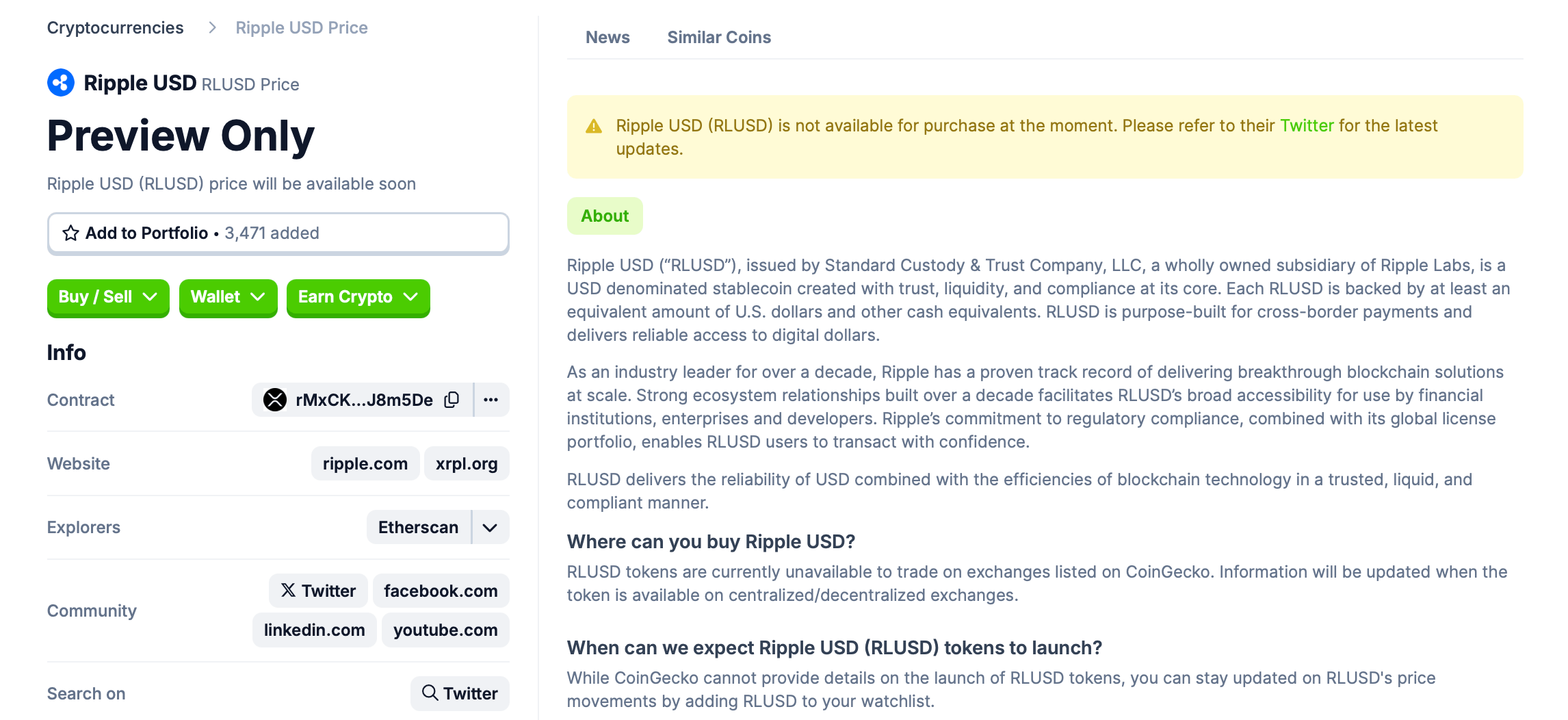 Что такое стейблкоин RLUSD от Ripple. Страница стейблкоина RLUSD от Ripple на платформе CoinGecko. Фото.