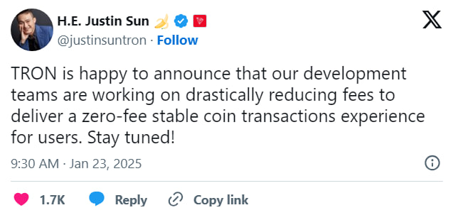 TRON отменит комиссии на переводы стейблкоинов

