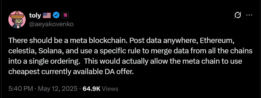 @aeyakovenko tweet about meta-blockchain