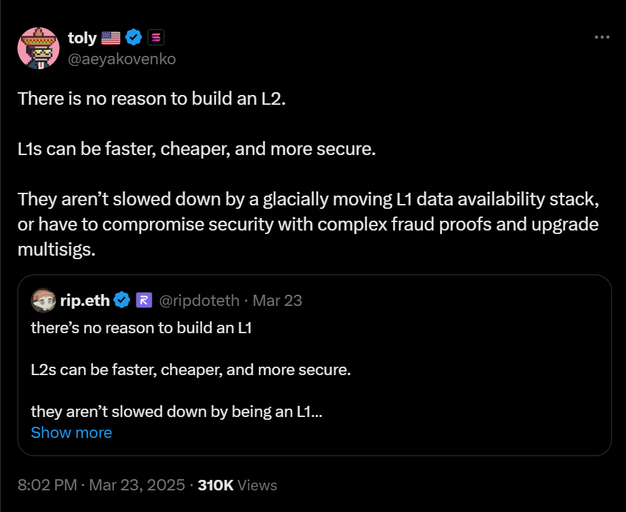 @aeyakovenko tweet about L2s