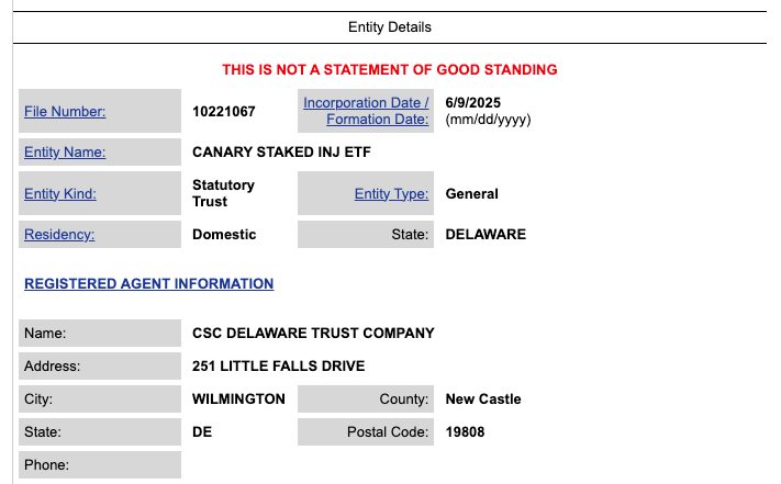 regulatory entry showing Canary Capital’s staked INJ ETF trust regulatory-entry-showing-staked-inj-etf-trust