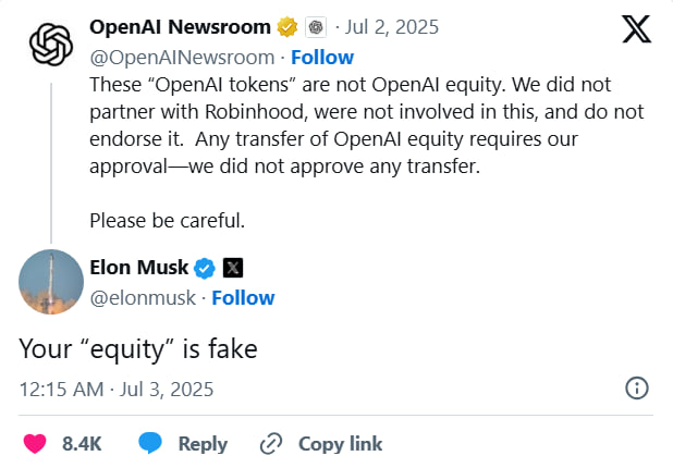 OpenAI обвинила Robinhood в выпуске фейковых токенов на свои акции