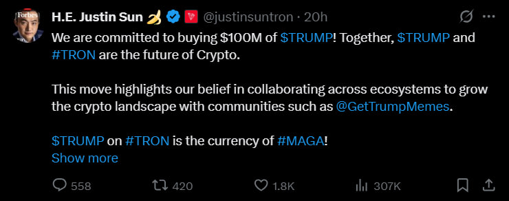 Джастин Сан инвестировал $100 млн в TRUMP — токен становится символом «MAGA» на Tron