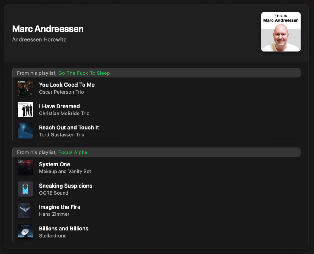 Какую музыку слушают знаменитости. Плейлист представителя Andreessen Horowitz Марка Андрессена. Фото.