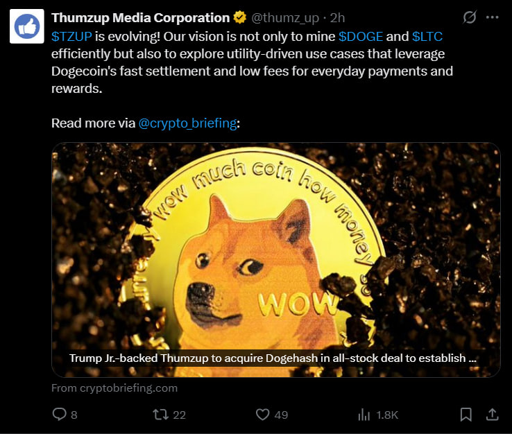 photo_2025-08-20_01-06-32 Thumzup Дональда Трампа-младшего выходит в майнинг Dogecoin и Litecoin через сделку с Dogehash