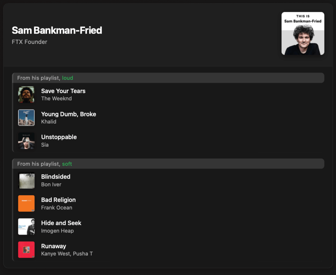 Топовые плейлисты из Spotify. Плейлист Сэма Банкмана-Фрида. Фото.