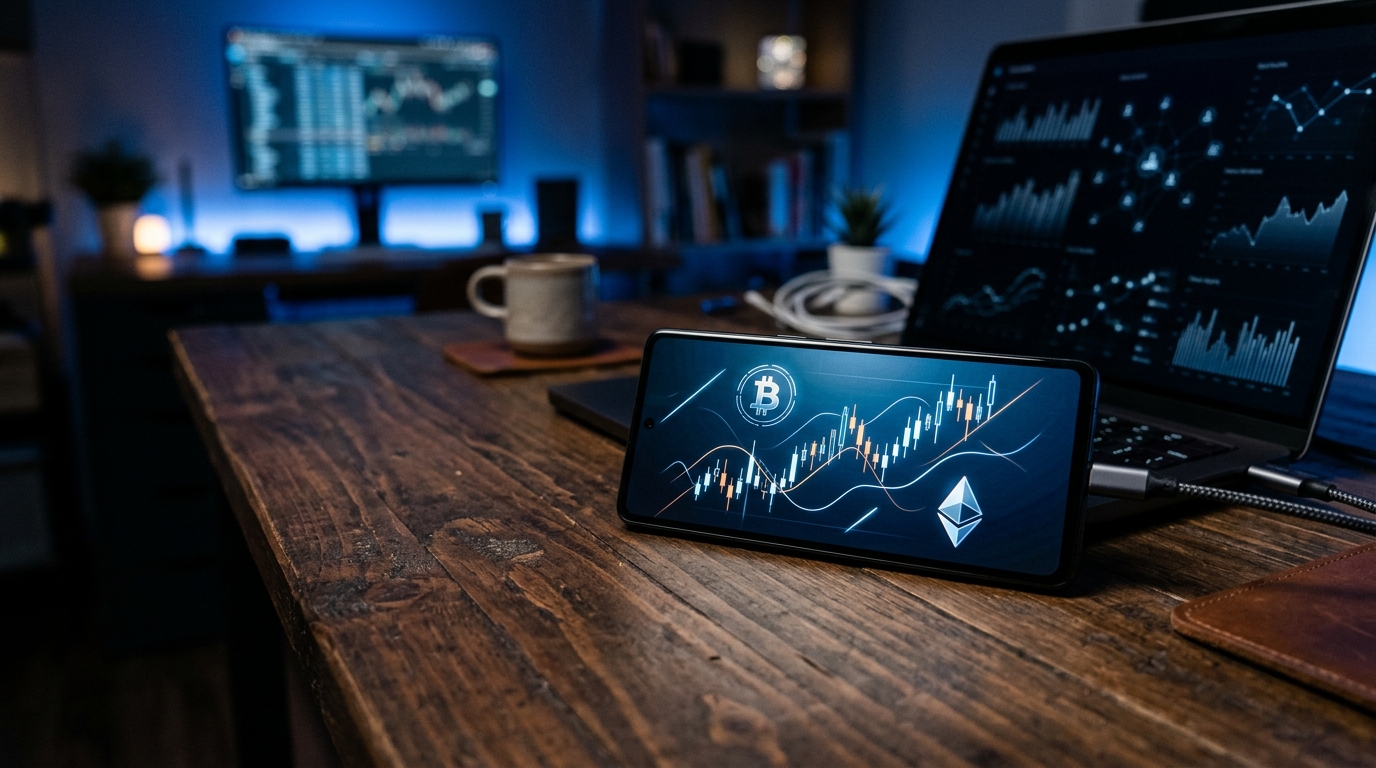 Смартфон с графиком на деревянном столе рядом с ноутбуком
