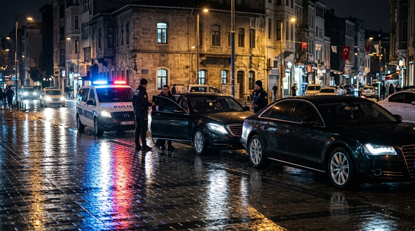 Полицейские ночью на мокрой улице рядом с чёрными автомобилями